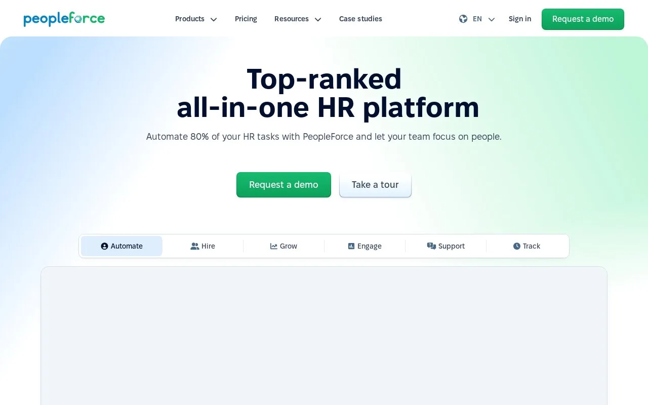 Screenshot of the PeopleForce homepage