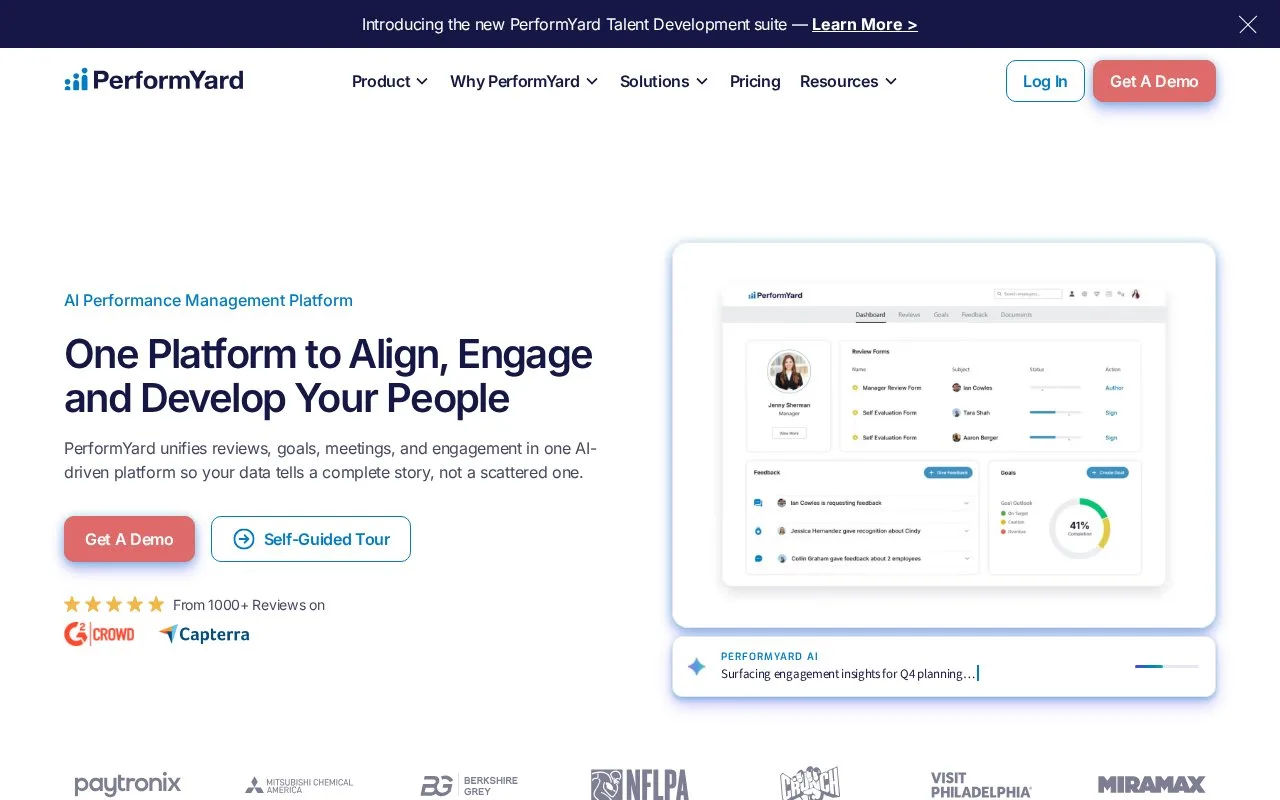 Screenshot of the PerformYard homepage