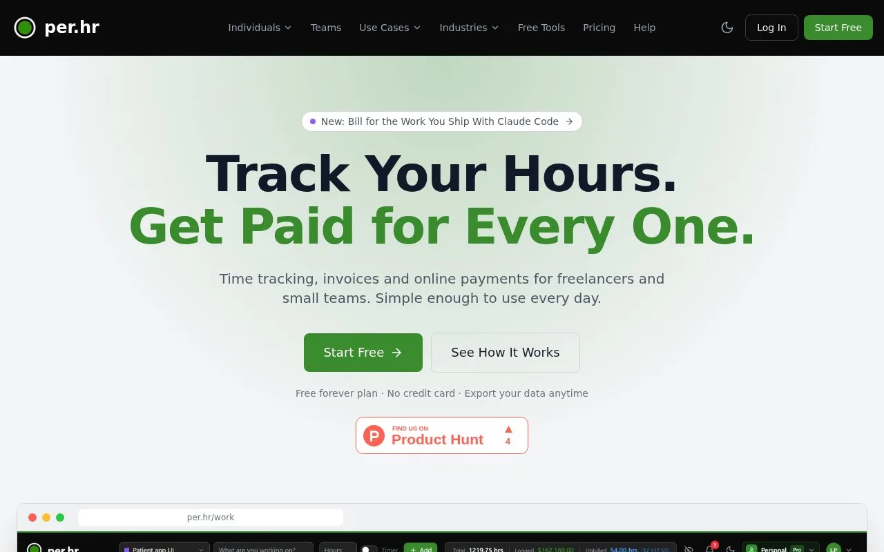 Screenshot of the per.hr homepage