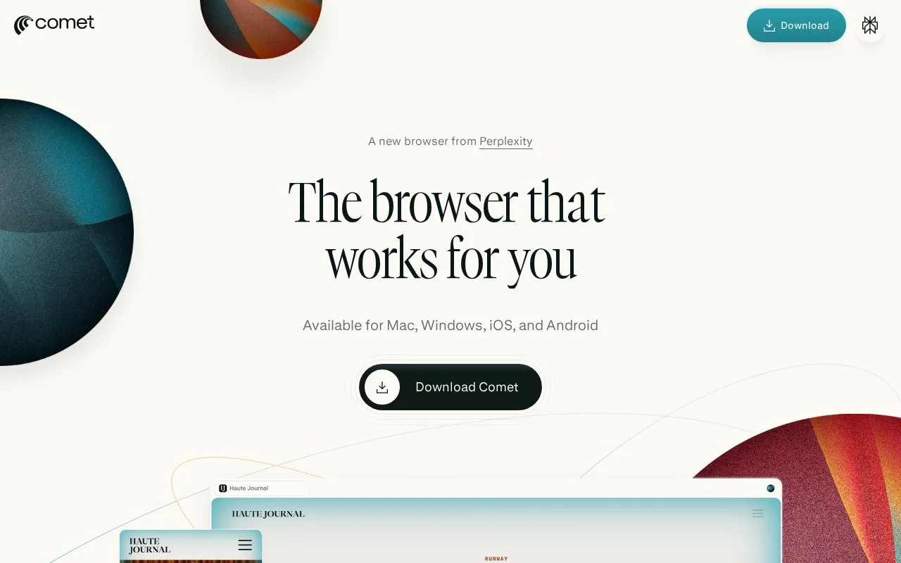Screenshot of the Comet Browser homepage