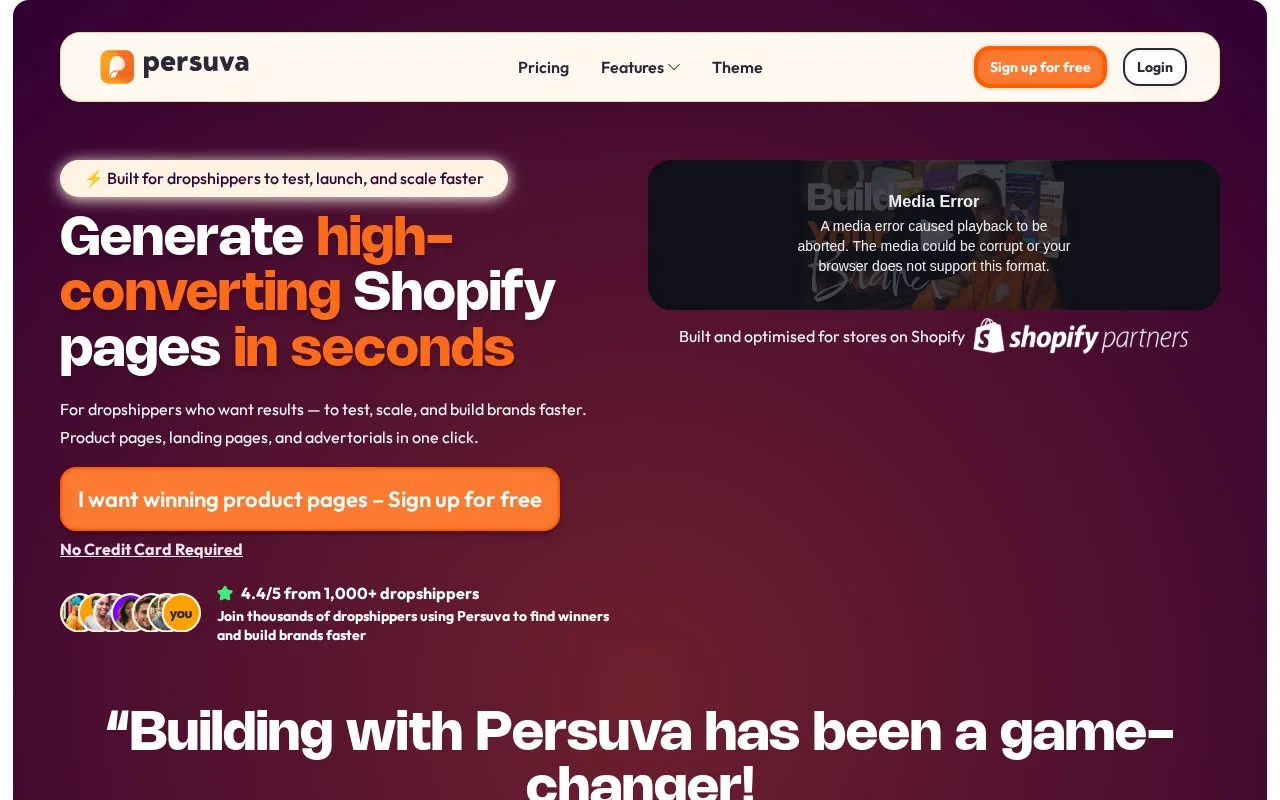 Screenshot of the Persuva homepage