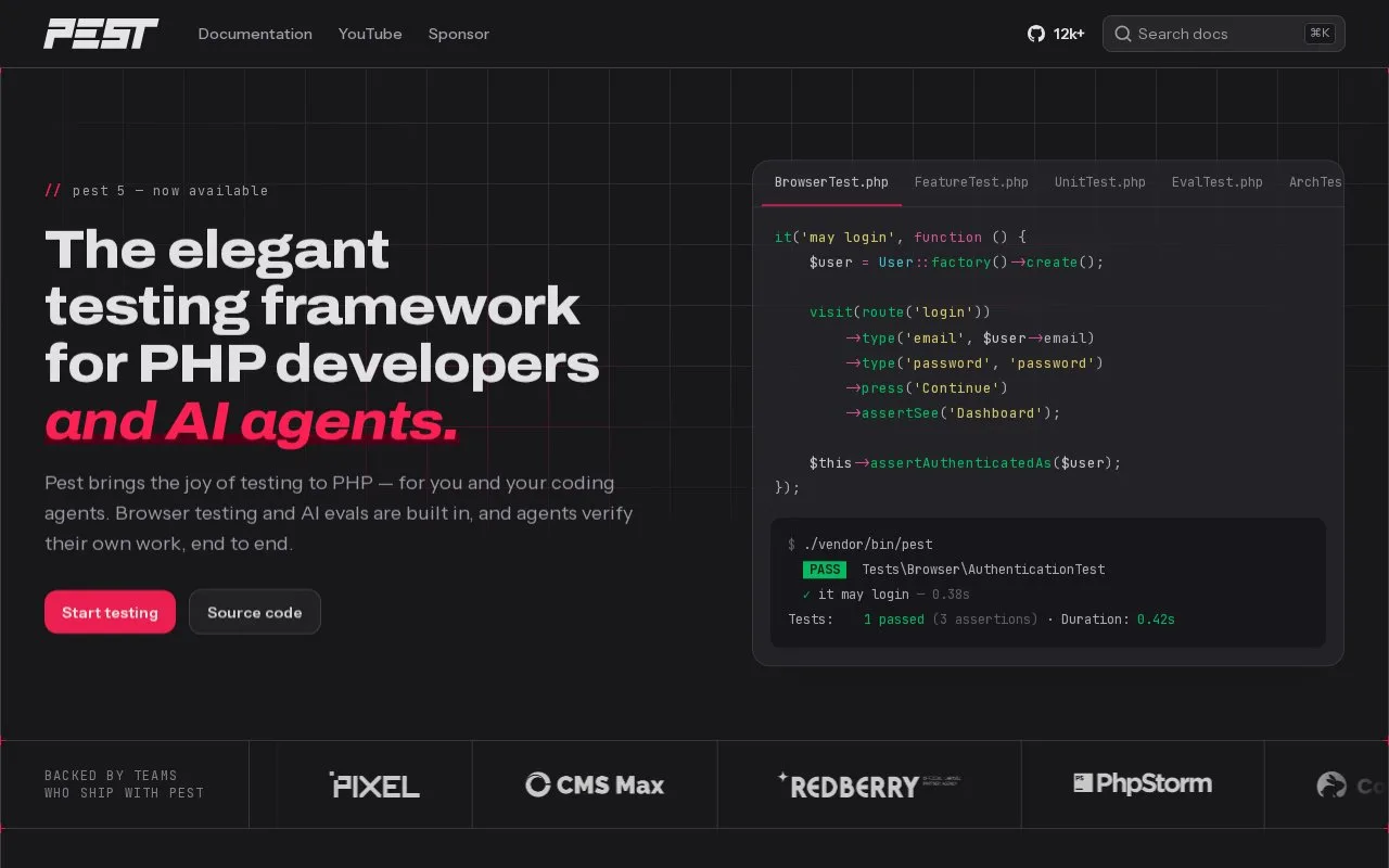 Screenshot of the Pest homepage