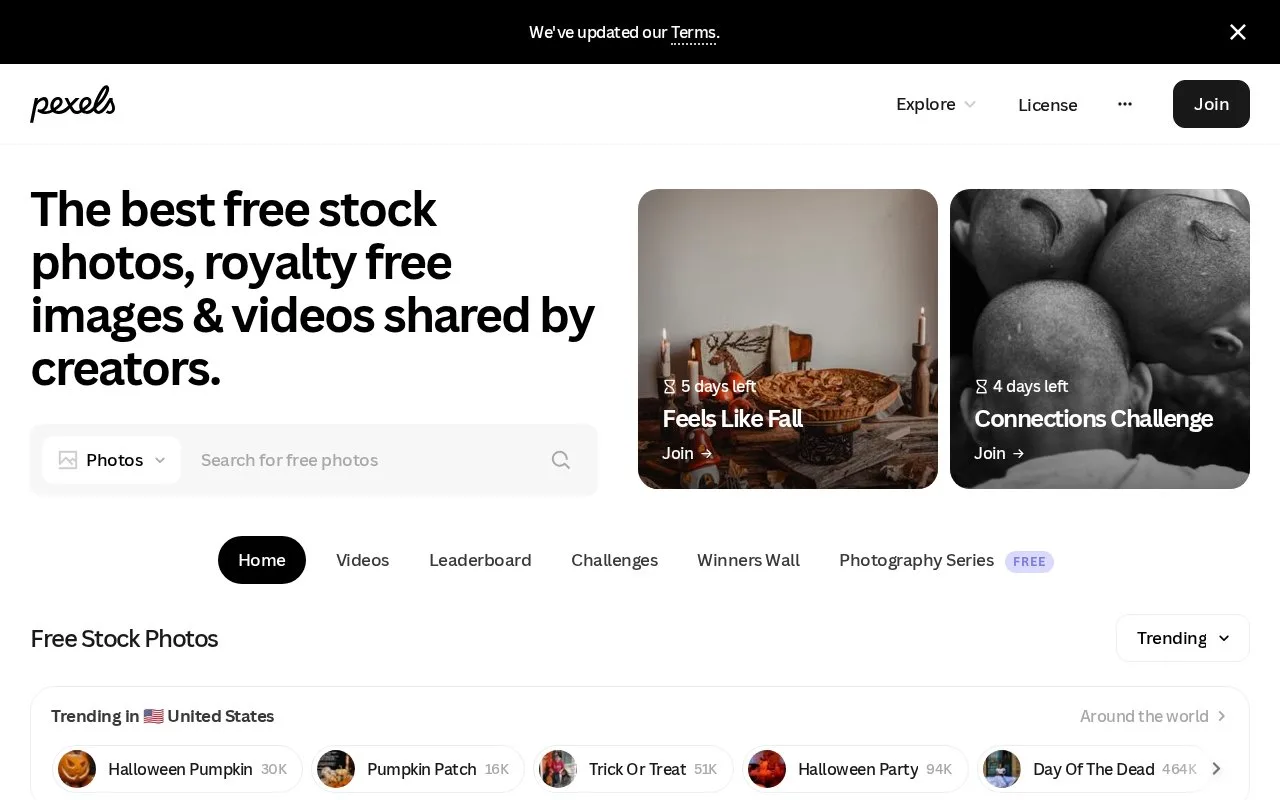Screenshot of the Pexels homepage