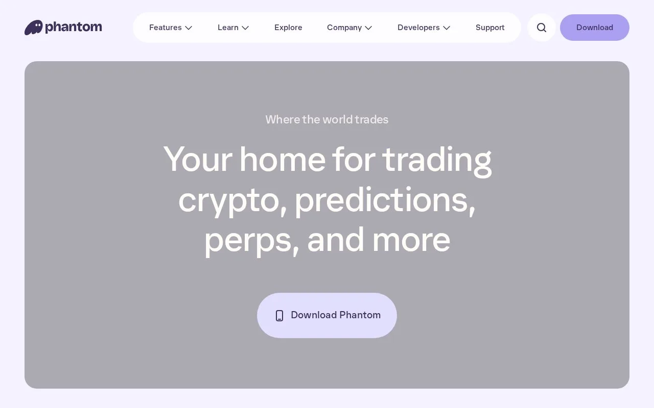 Screenshot of the Phantom homepage