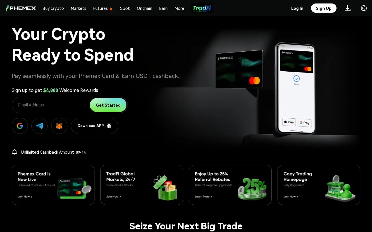 Screenshot of the Phemex homepage