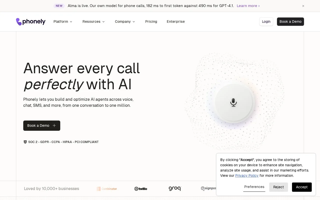 Screenshot of the Phonely homepage