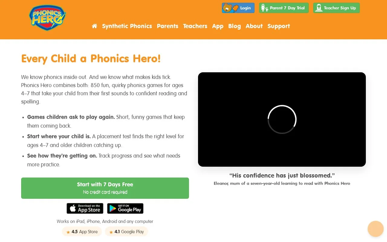 Screenshot of the Phonics Hero homepage