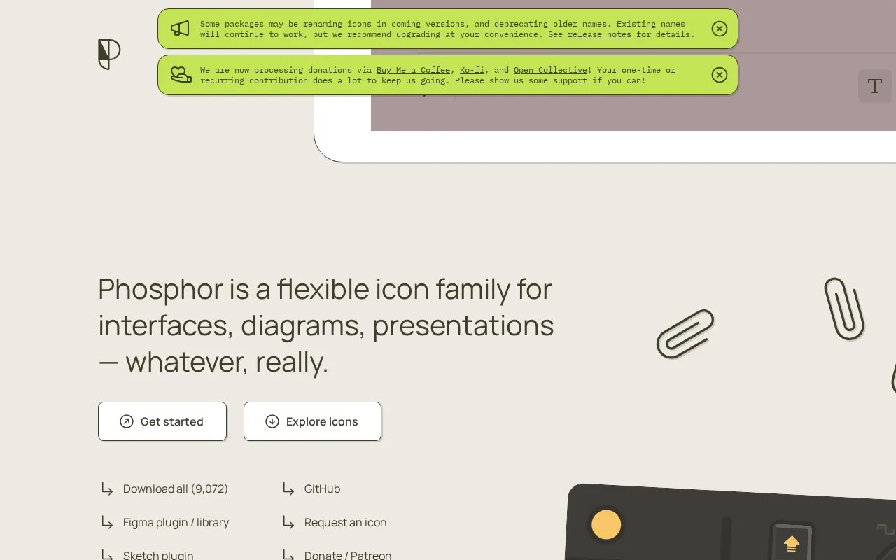 Screenshot of the Phosphor Icons homepage