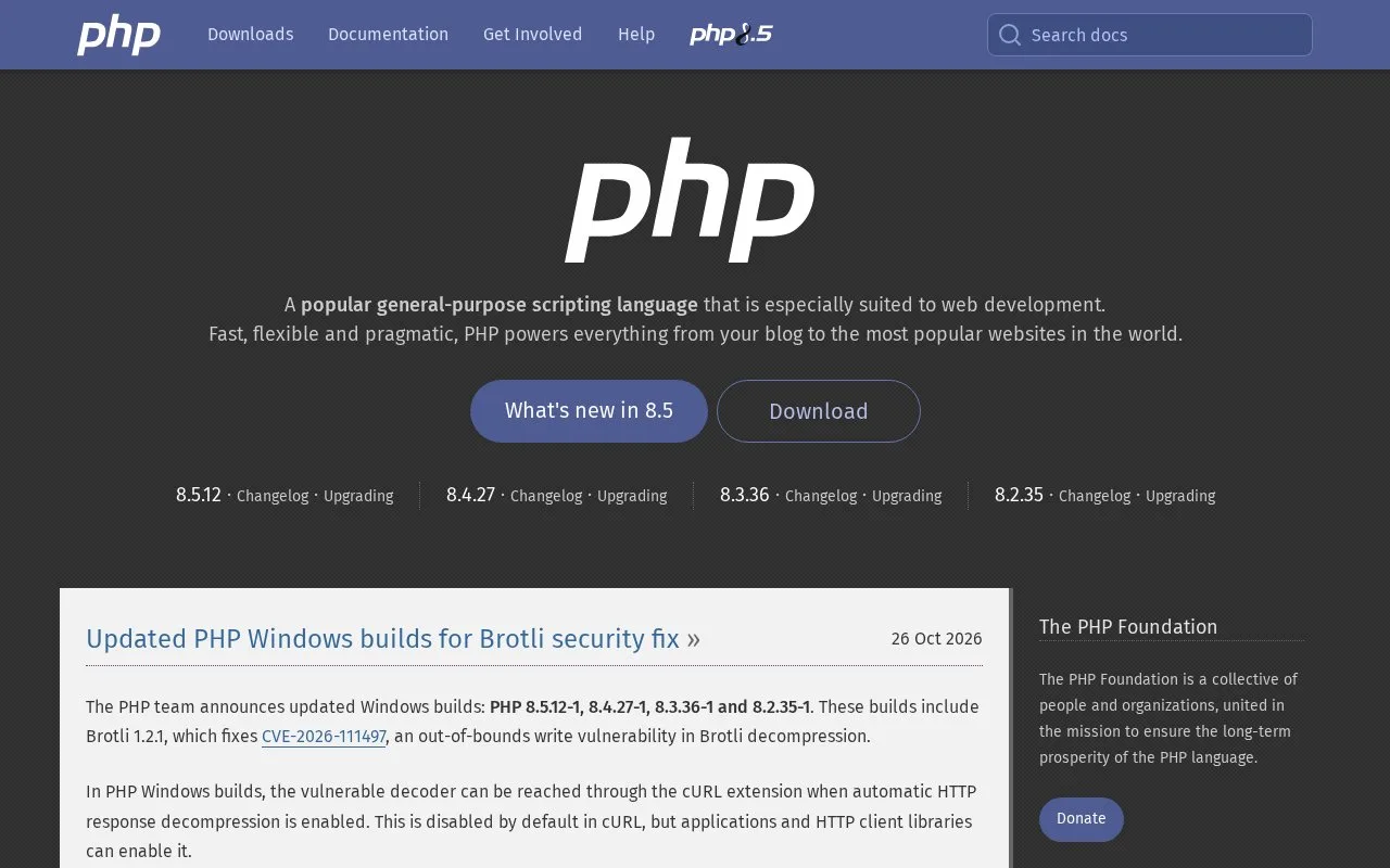 Screenshot of the PHP homepage