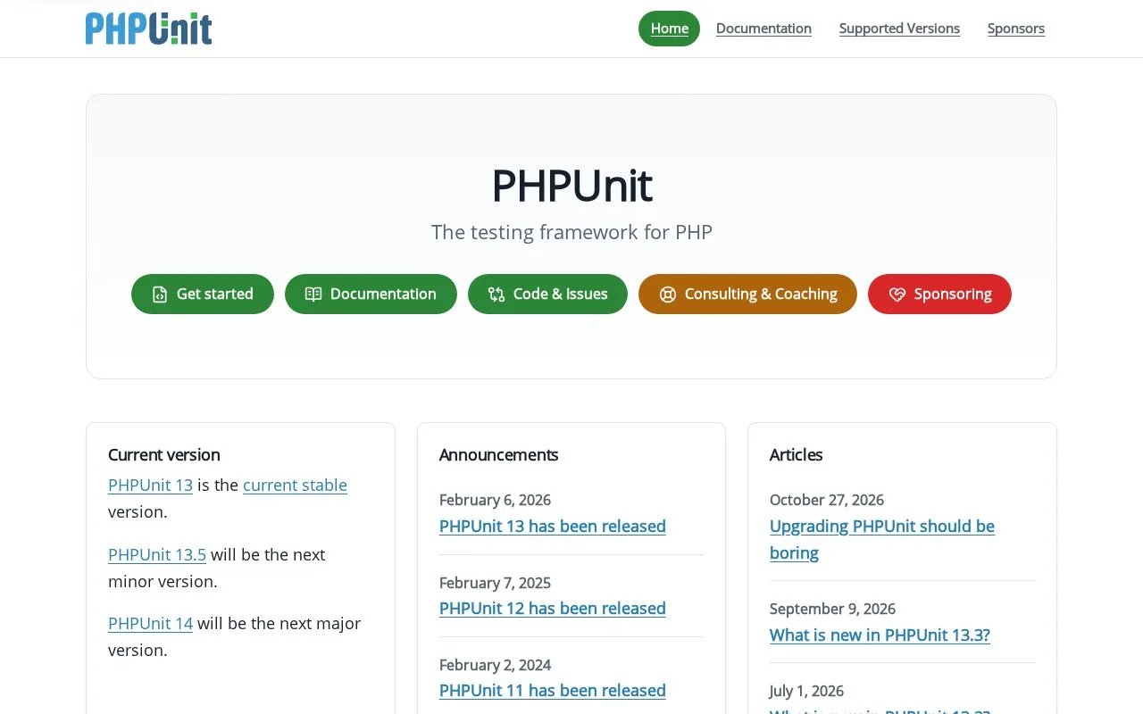 Screenshot of the PHPUnit homepage