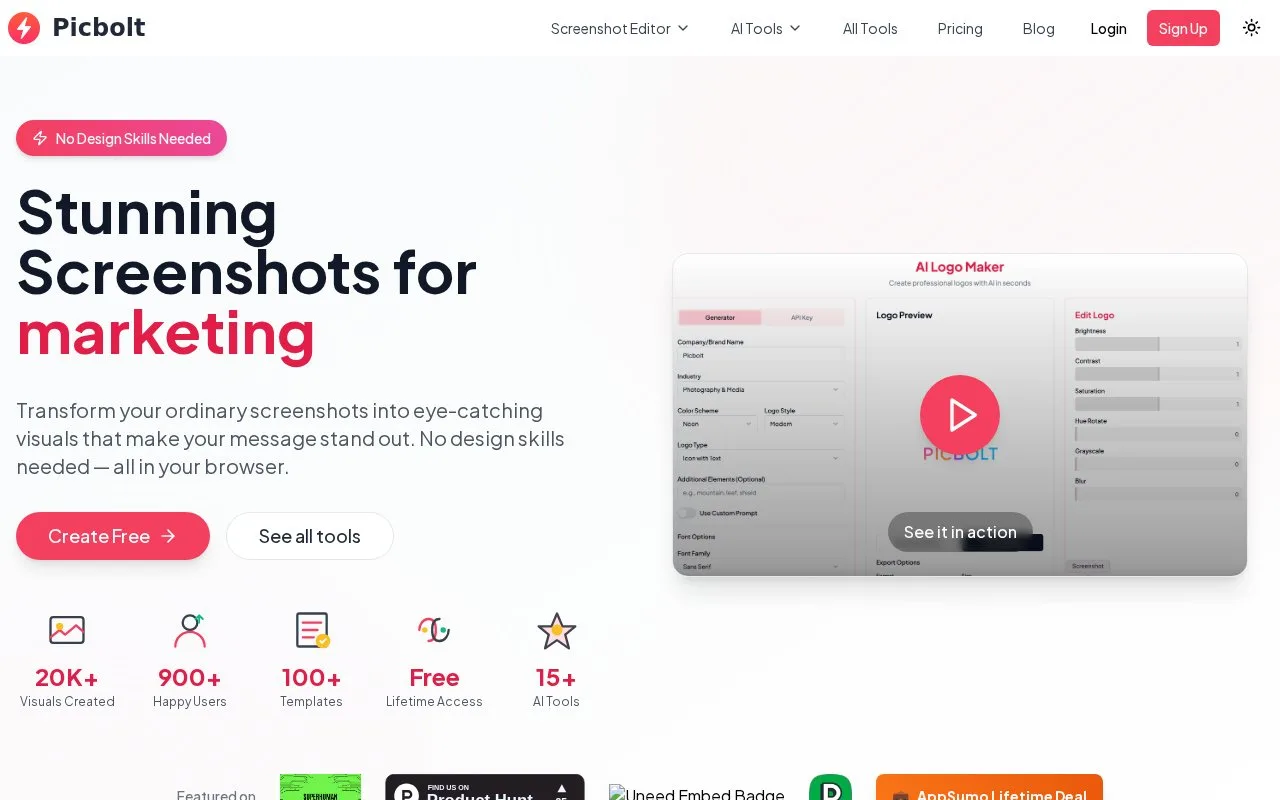 Screenshot of the Picbolt homepage