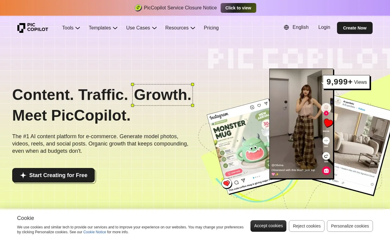 Screenshot of the PicCopilot homepage