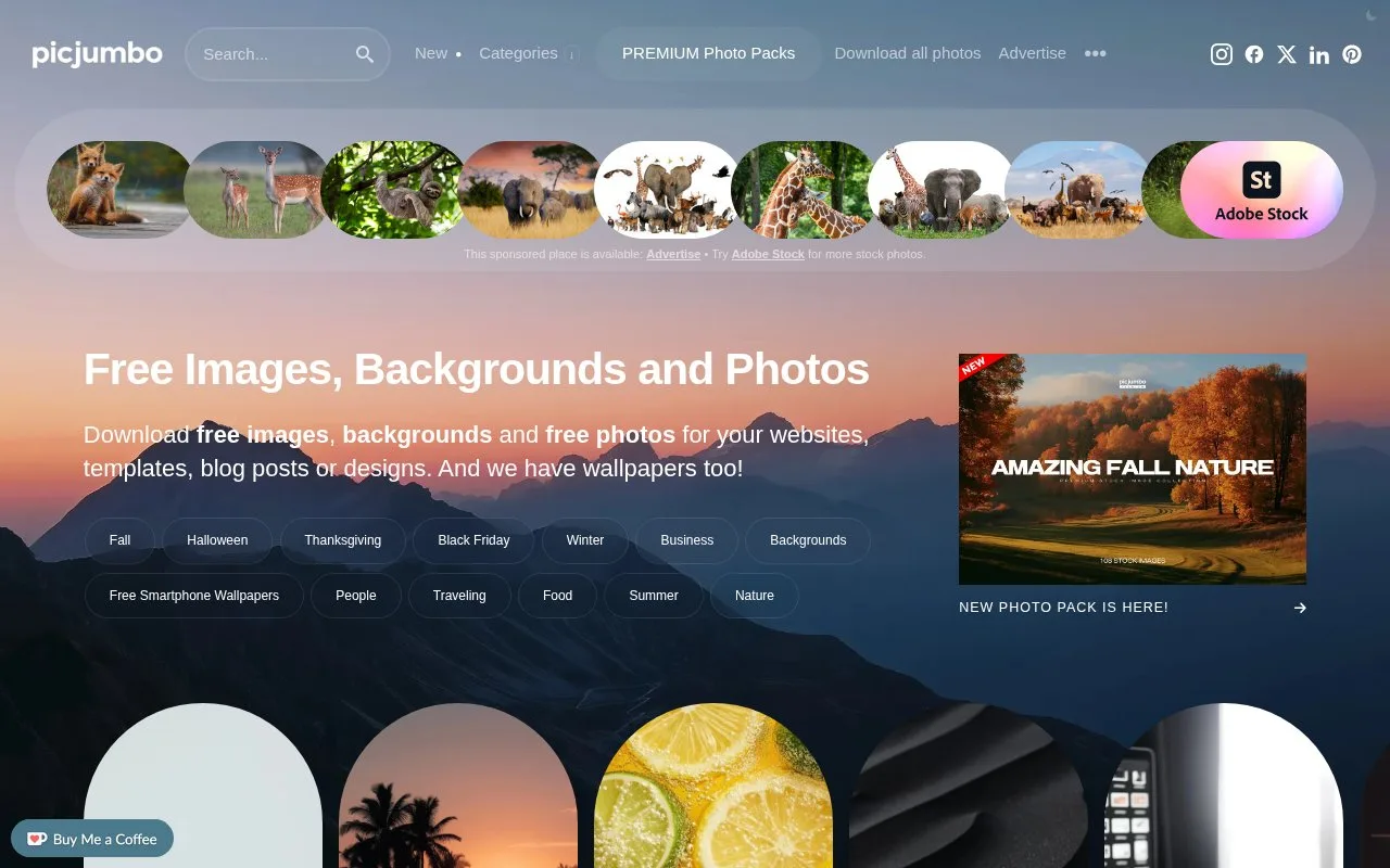 Screenshot of the picjumbo homepage