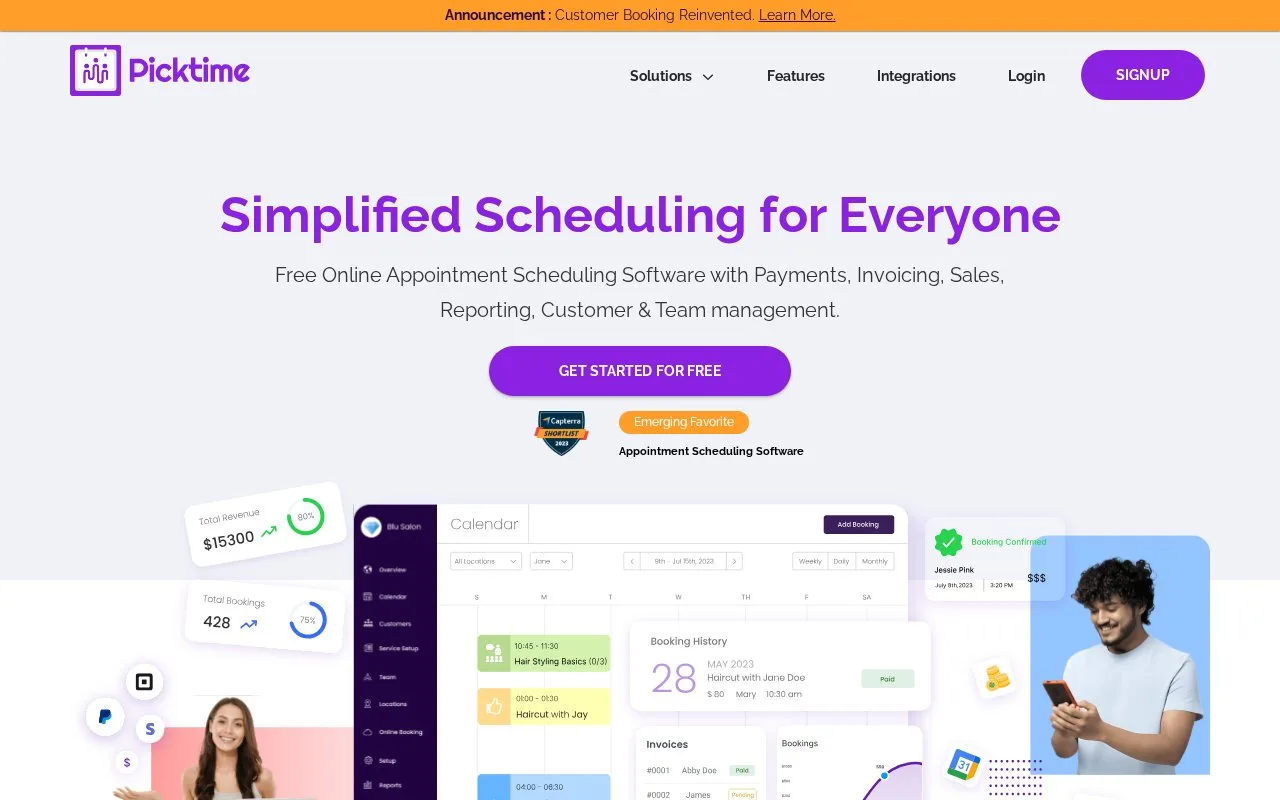 Screenshot of the Picktime homepage