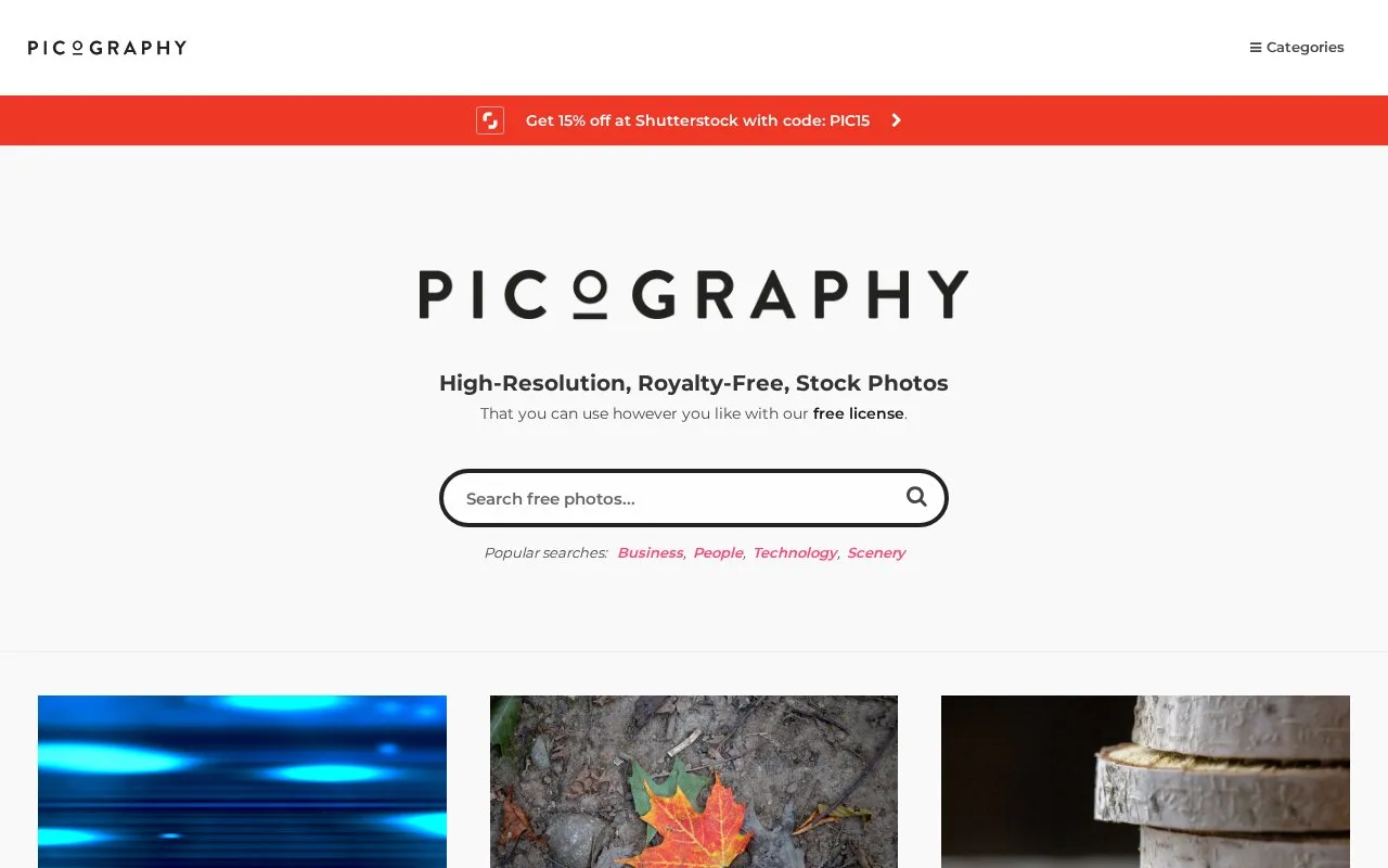 Screenshot of the Picography homepage
