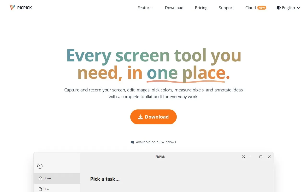 Screenshot of the PicPick homepage