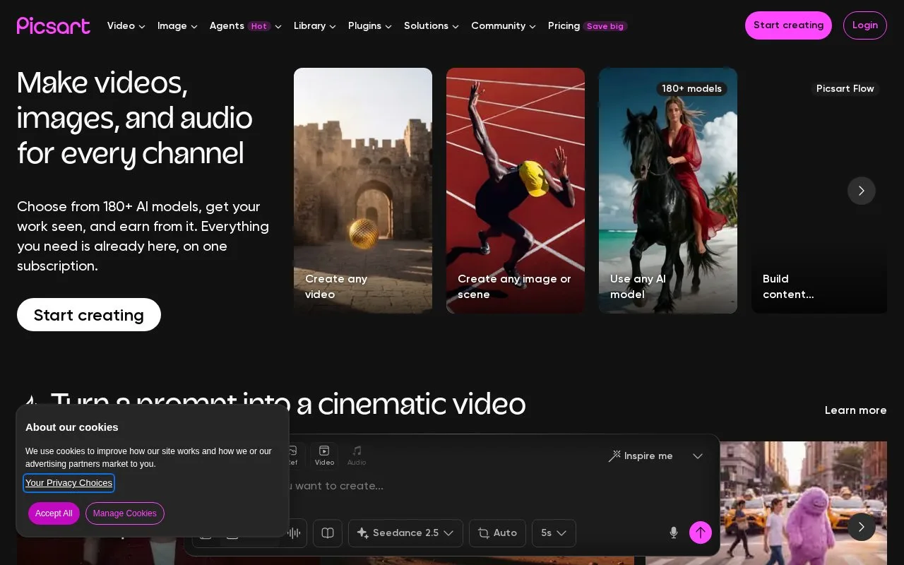 Screenshot of the Picsart homepage