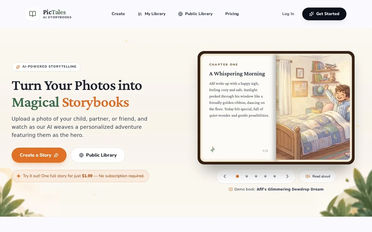 Screenshot of the PicTales homepage