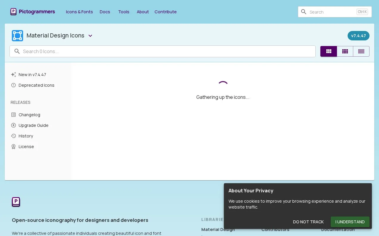 Screenshot of the Material Design Icons homepage