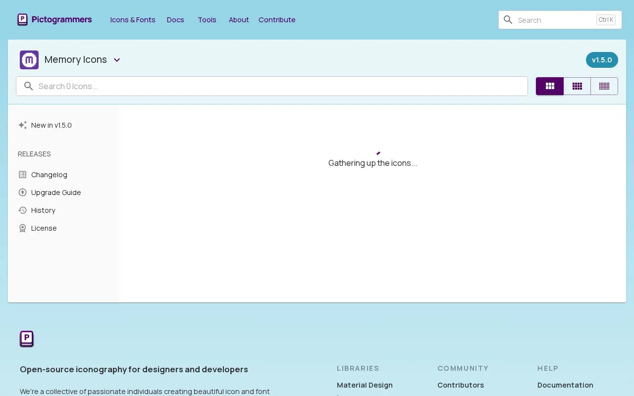 Screenshot of the Memory Icons homepage
