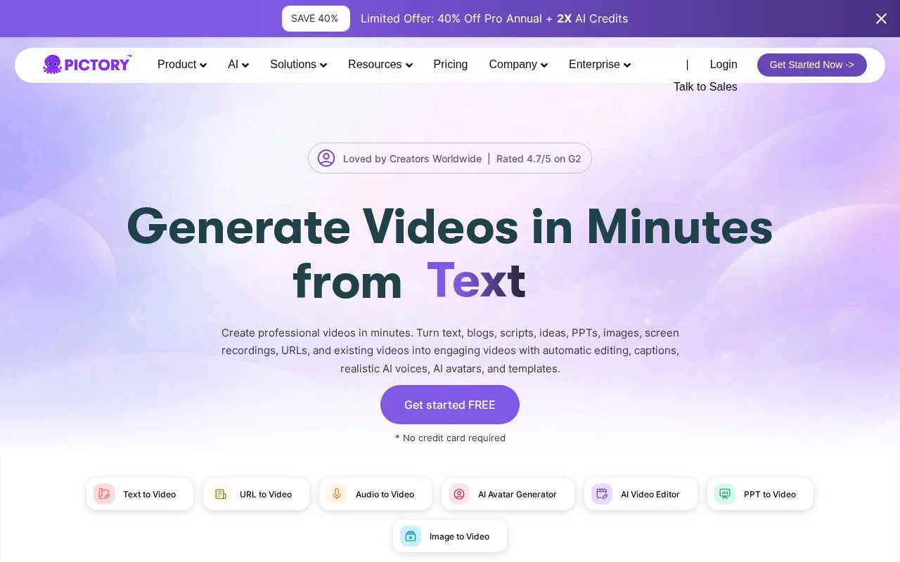 Screenshot of the Pictory homepage