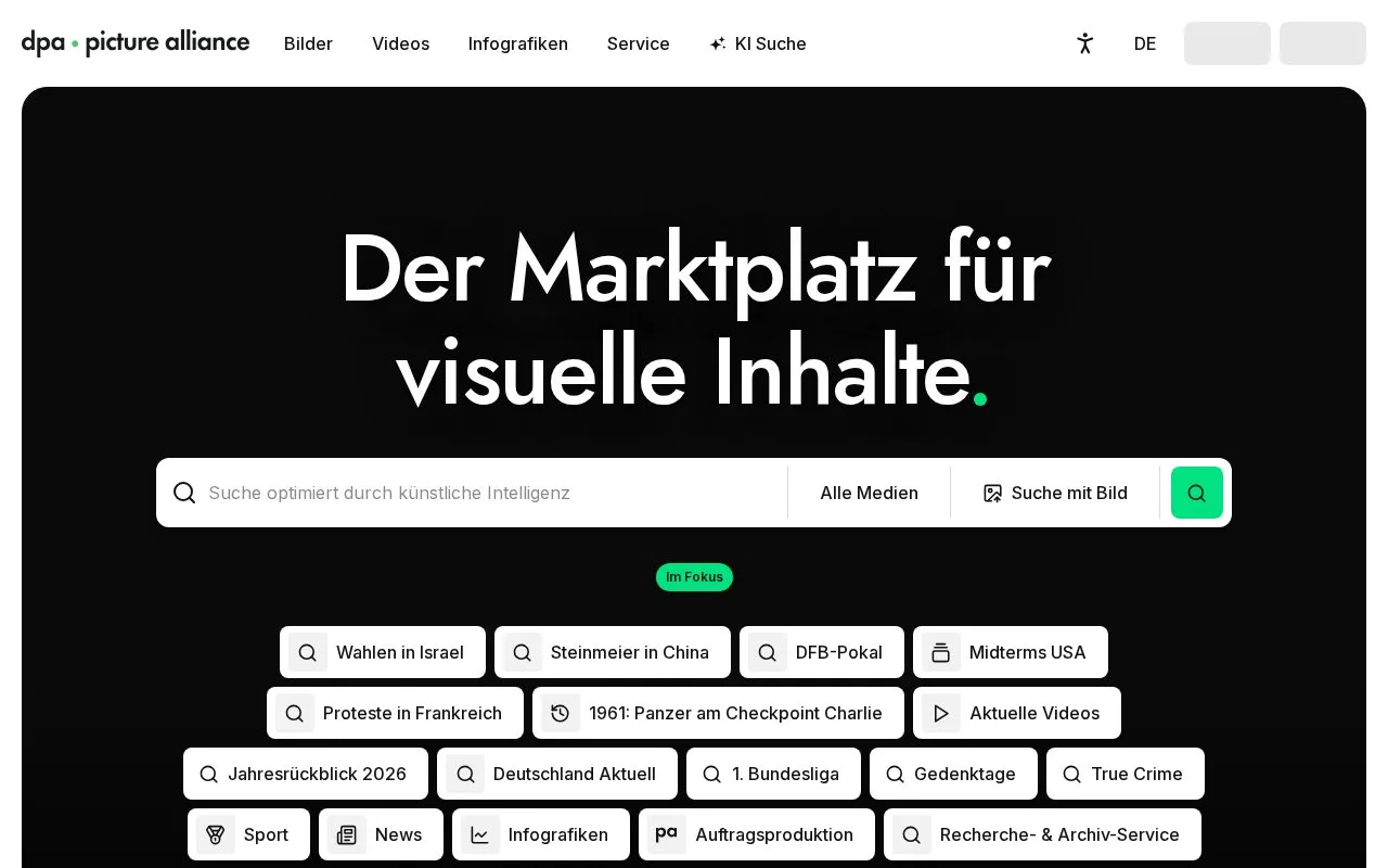Screenshot of the dpa Picture-Alliance homepage