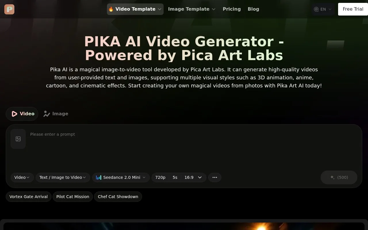 Screenshot of the Pika AI Video Generator homepage