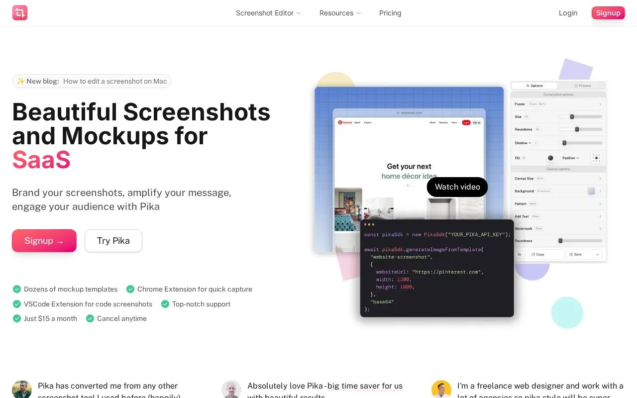 Screenshot of the Pika homepage