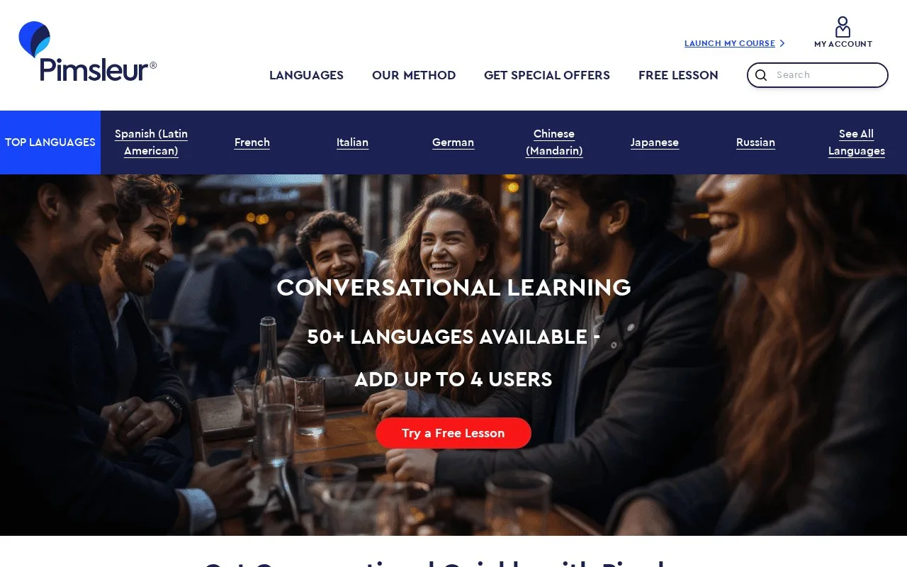 Screenshot of the Pimsleur homepage