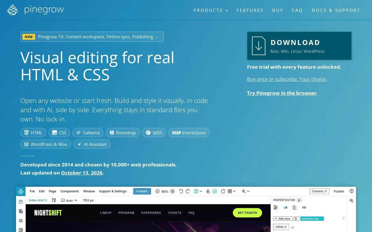 Screenshot of the Pinegrow Web Editor homepage