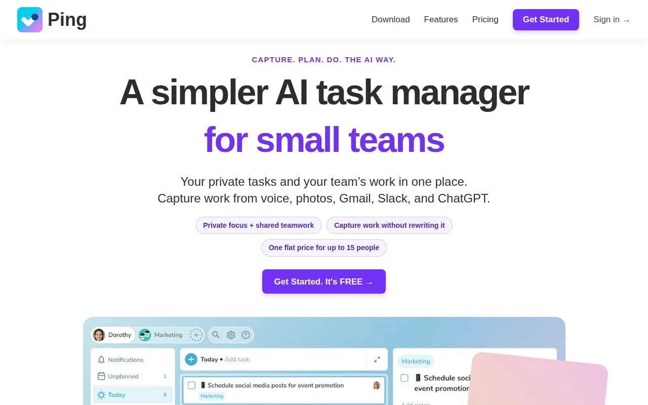 Screenshot of the Ping homepage