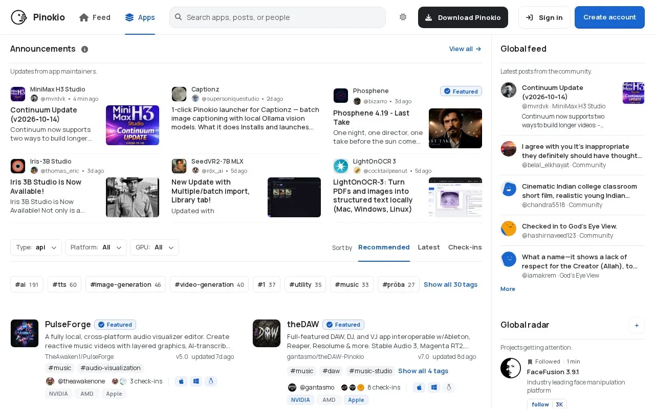 Screenshot of the Pinokio homepage