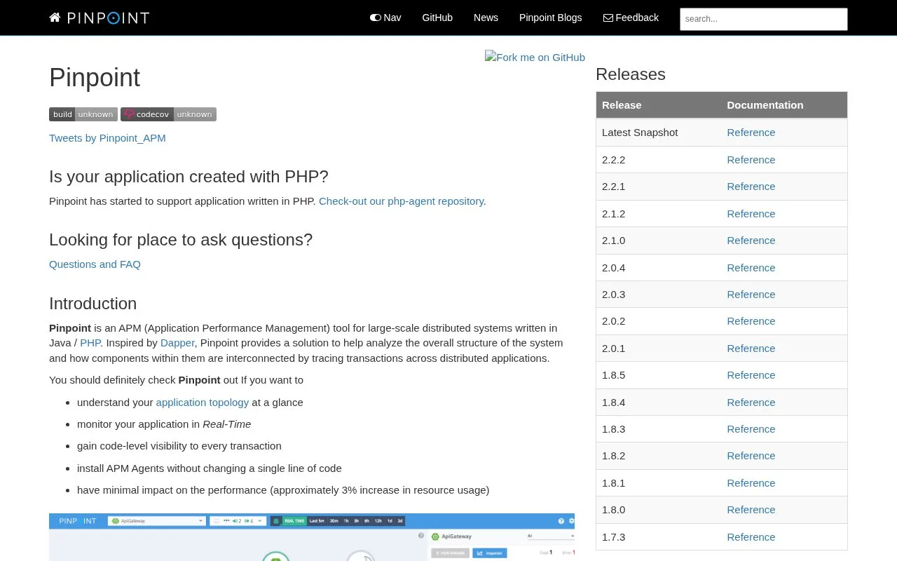 Screenshot of the Pinpoint APM homepage