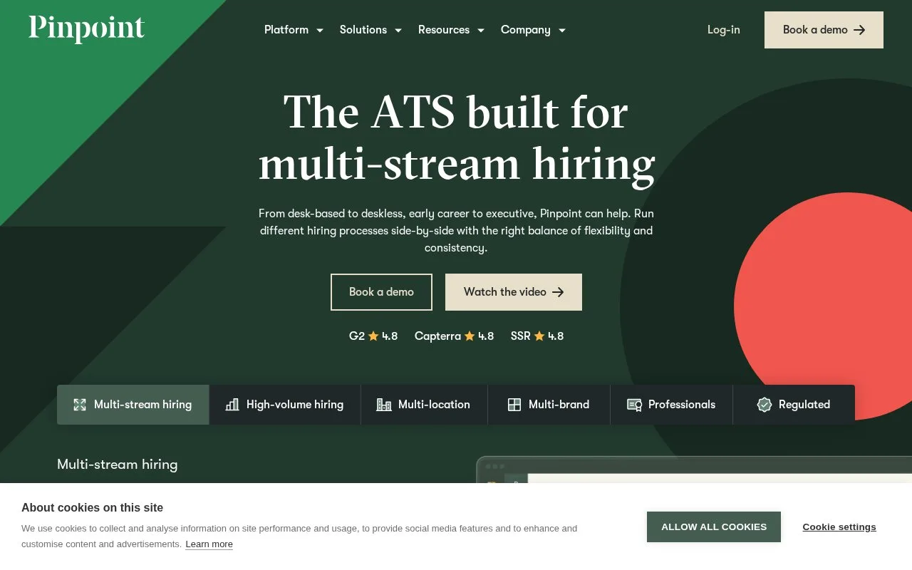 Screenshot of the Pinpoint homepage