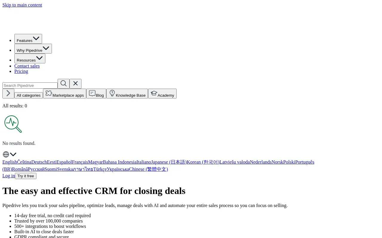 Screenshot of the Pipedrive homepage