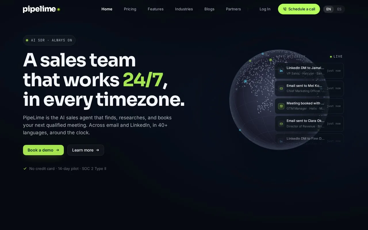 Screenshot of the PipeLime homepage