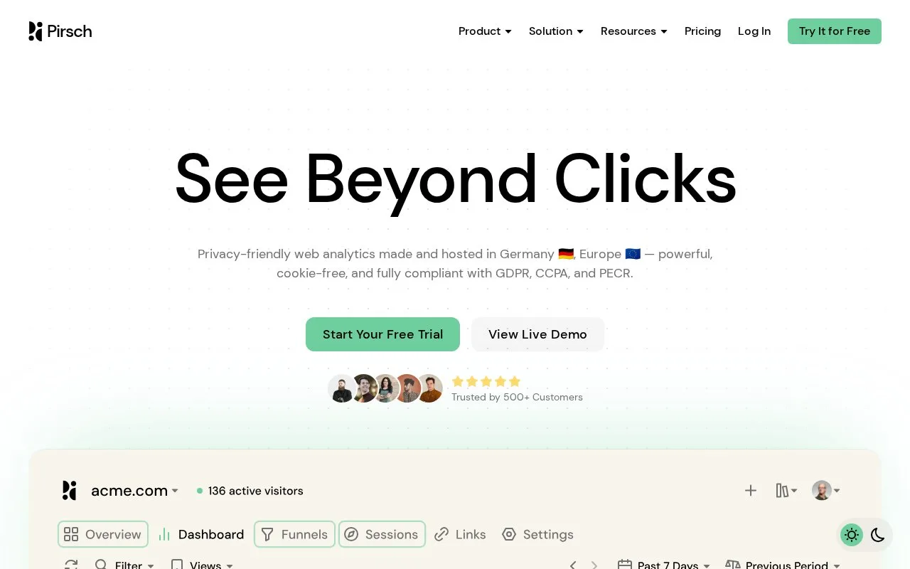 Screenshot of the Pirsch Analytics homepage