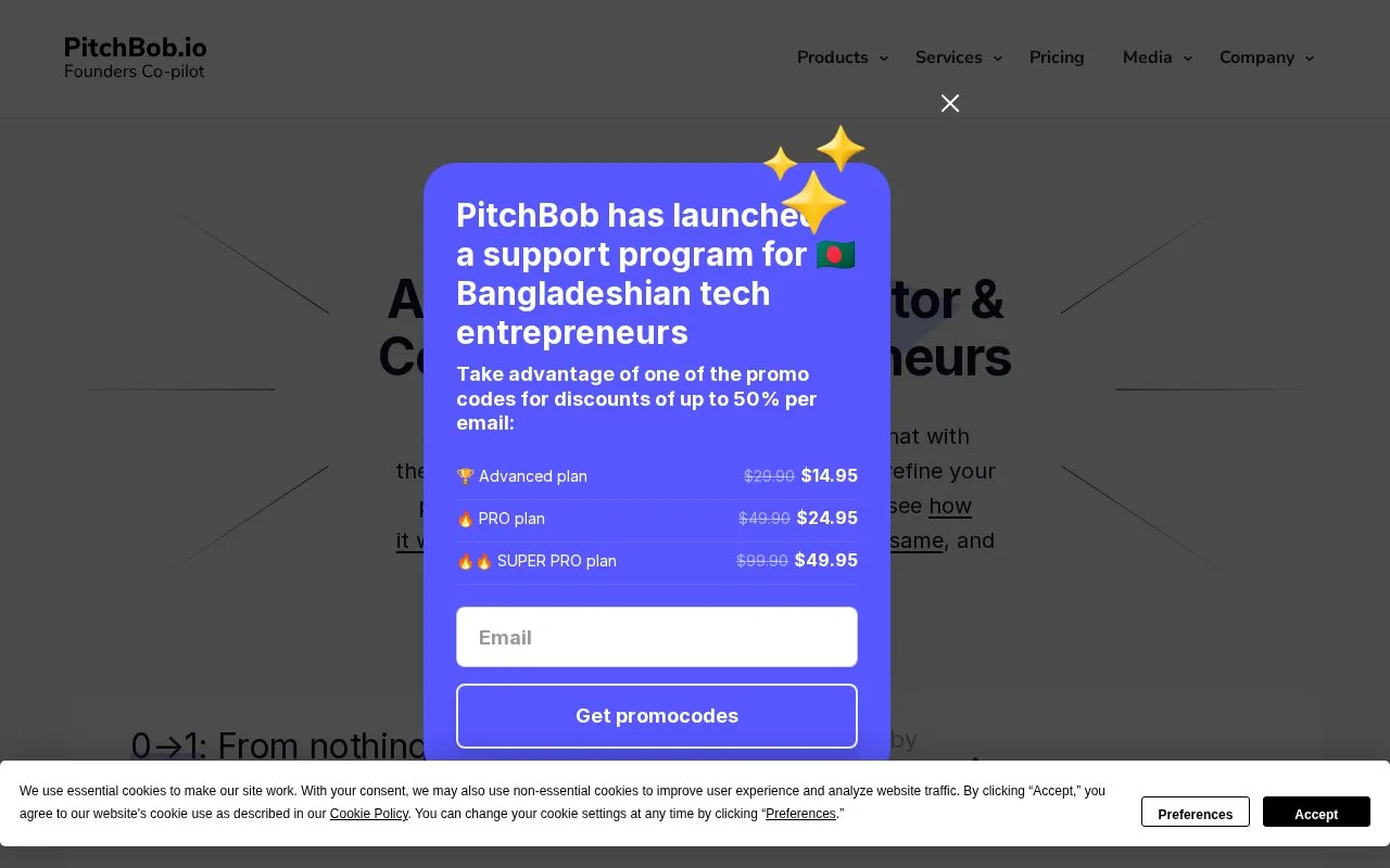Screenshot of the PitchBob homepage