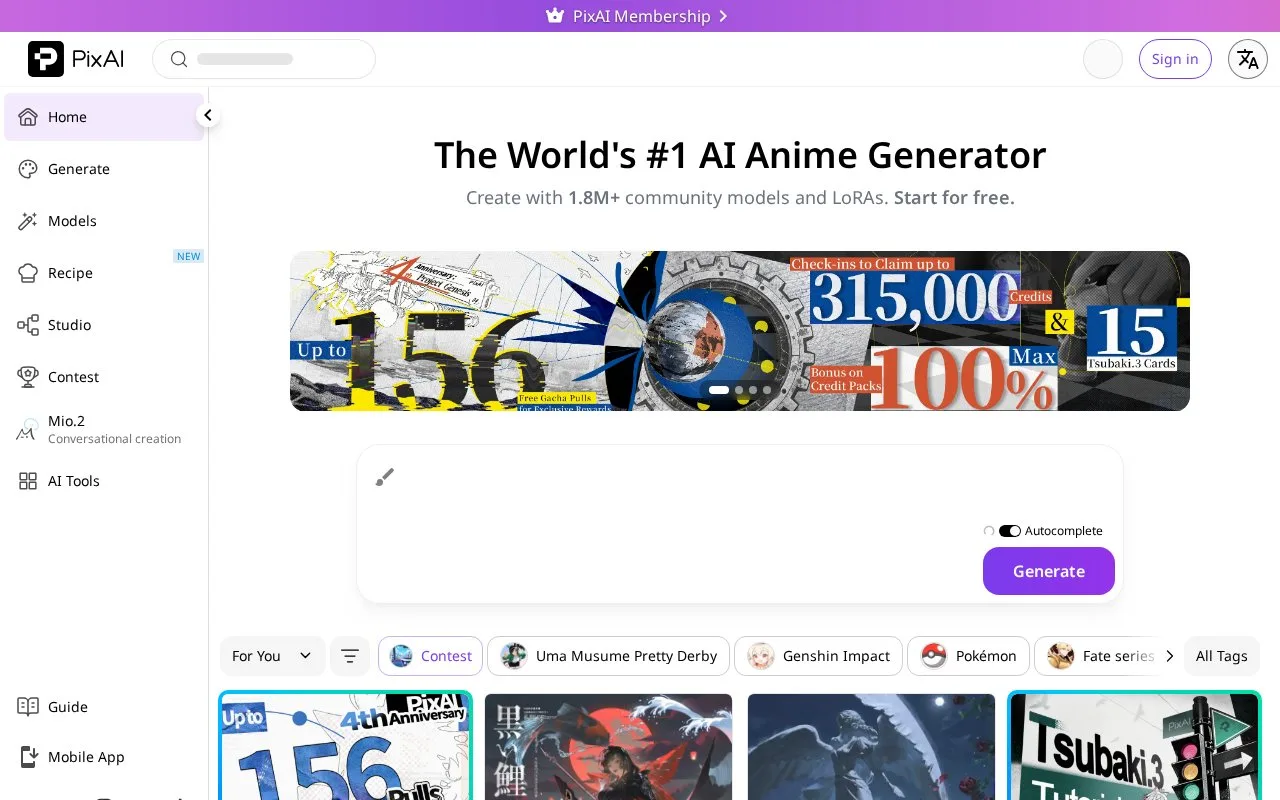 Screenshot of the PixAI homepage