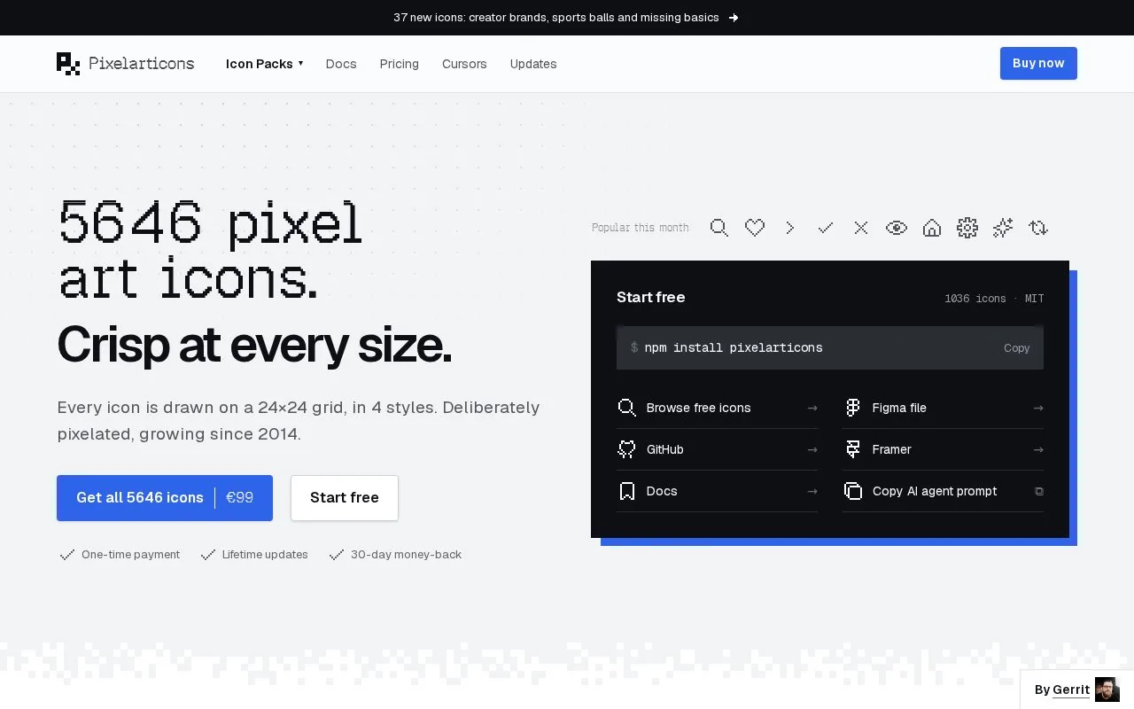 Screenshot of the Pixelarticons homepage