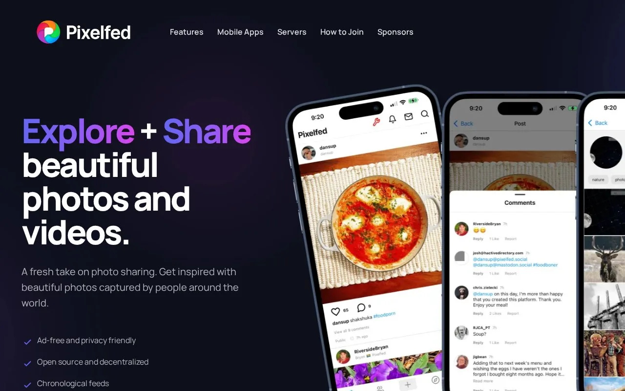 Screenshot of the Pixelfed homepage