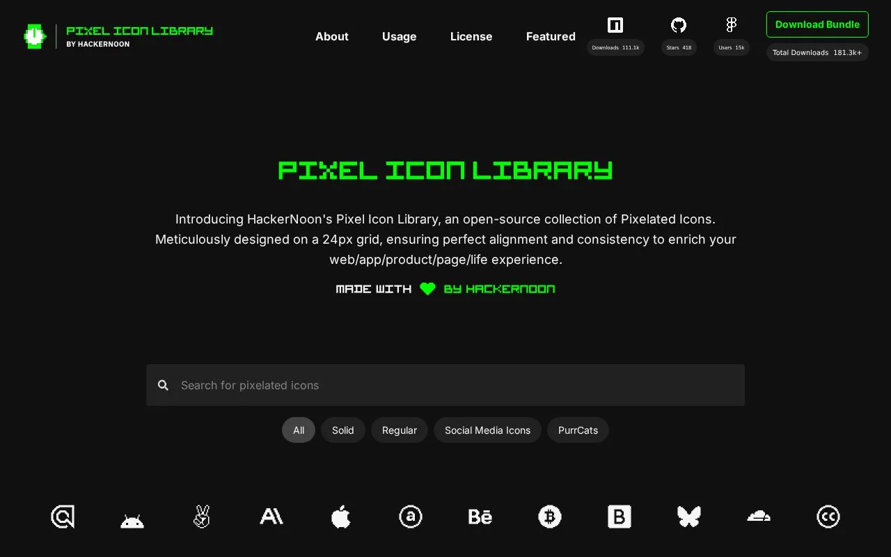Screenshot of the HackerNoon Pixel Icon Library homepage