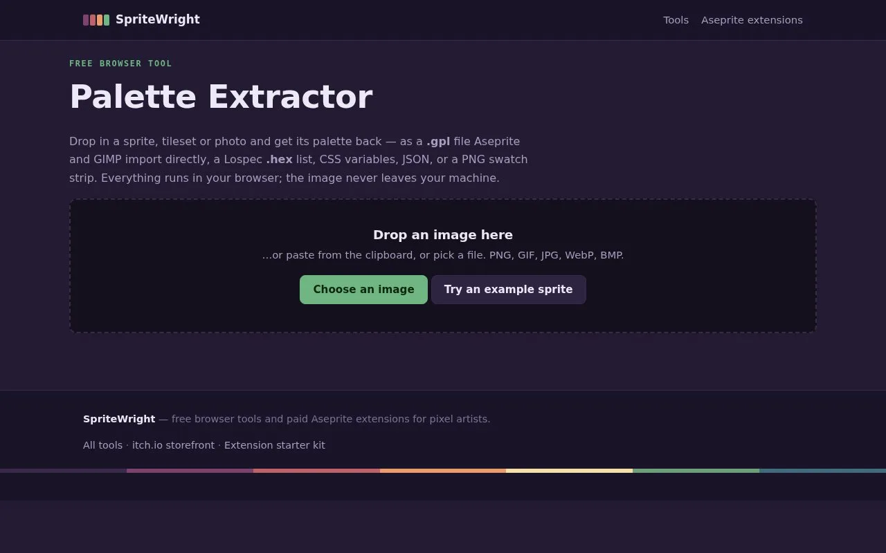 Screenshot of the Spritewright Palette Extractor homepage