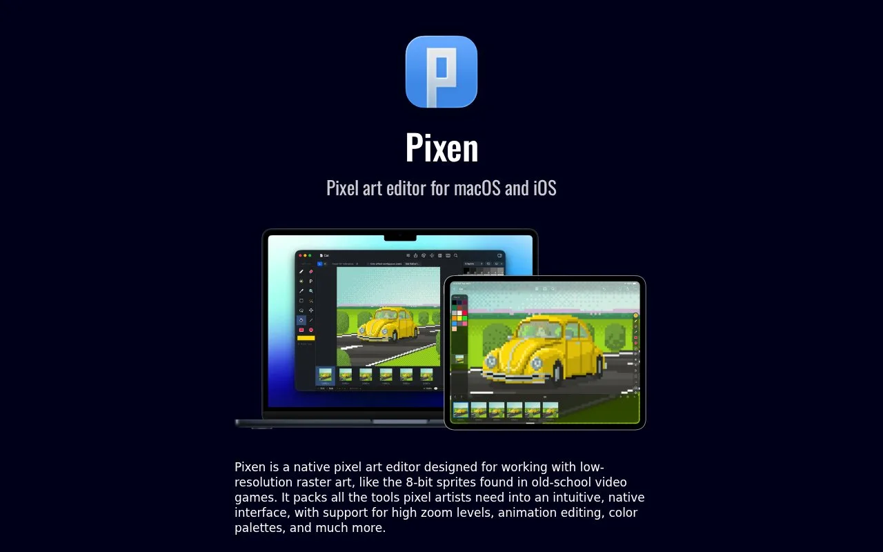 Screenshot of the Pixen homepage