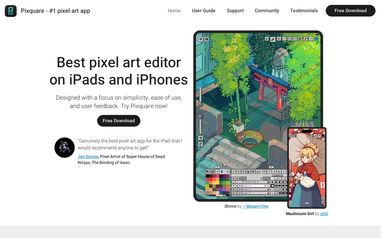 Screenshot of the Pixquare homepage