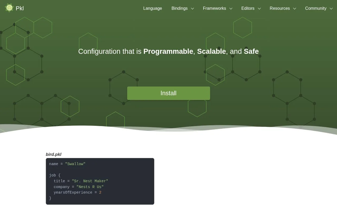 Screenshot of the Pkl homepage