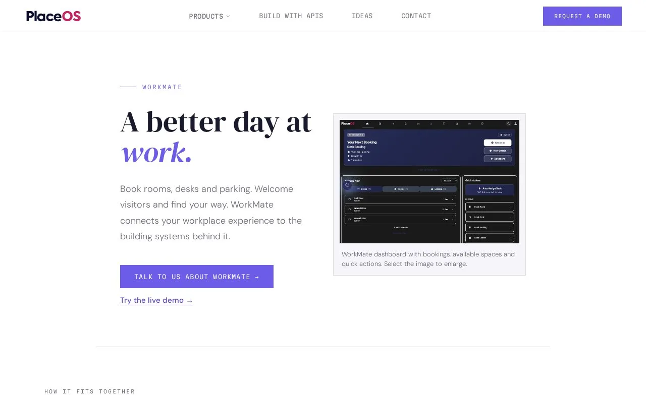 Screenshot of the PlaceOS WorkMate homepage