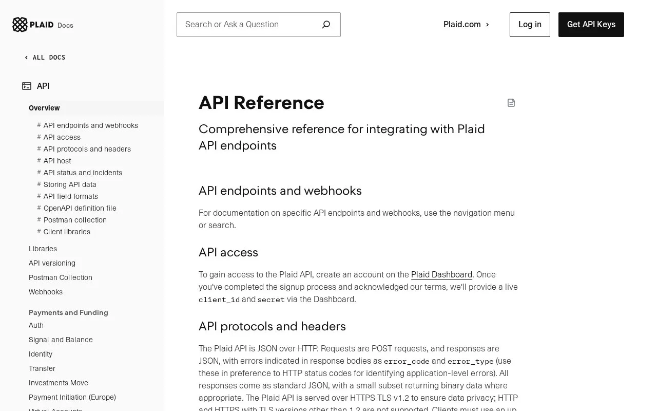 Screenshot of the Plaid API homepage