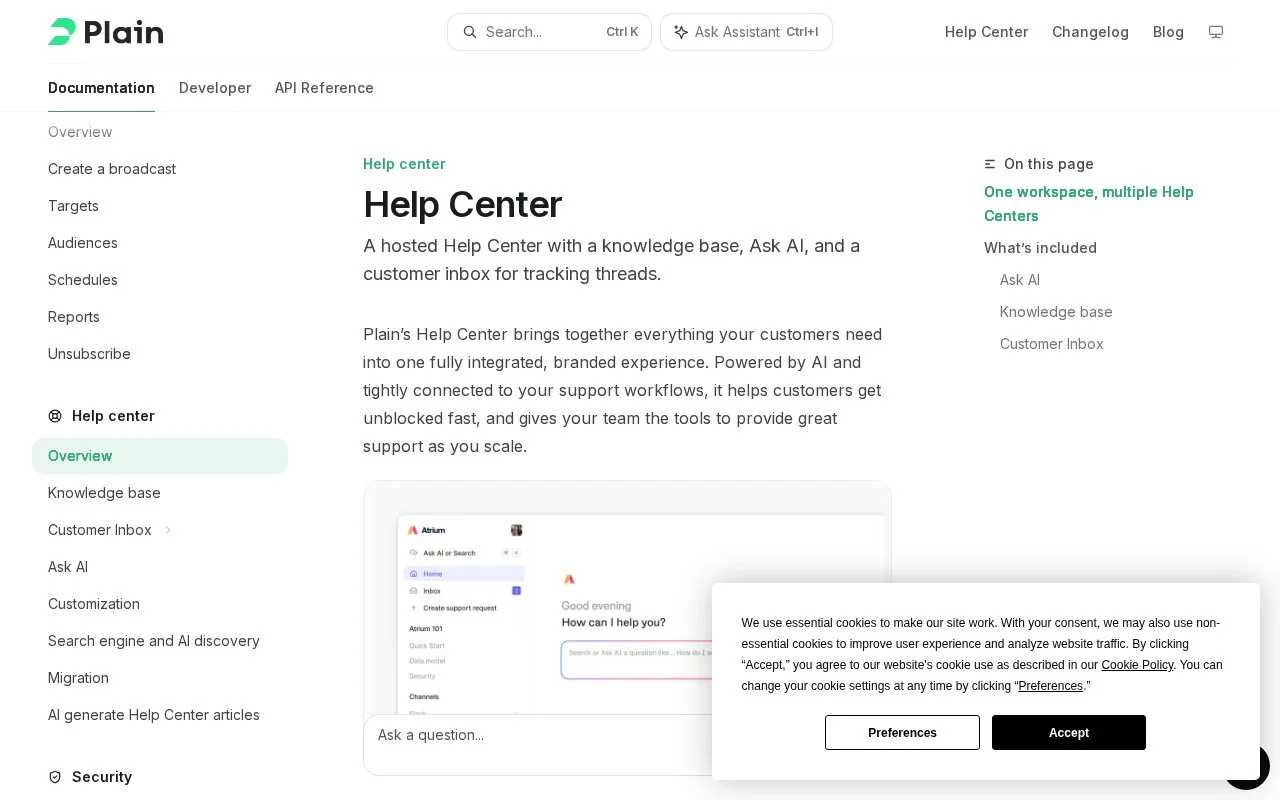 Screenshot of the Plain Help Center homepage