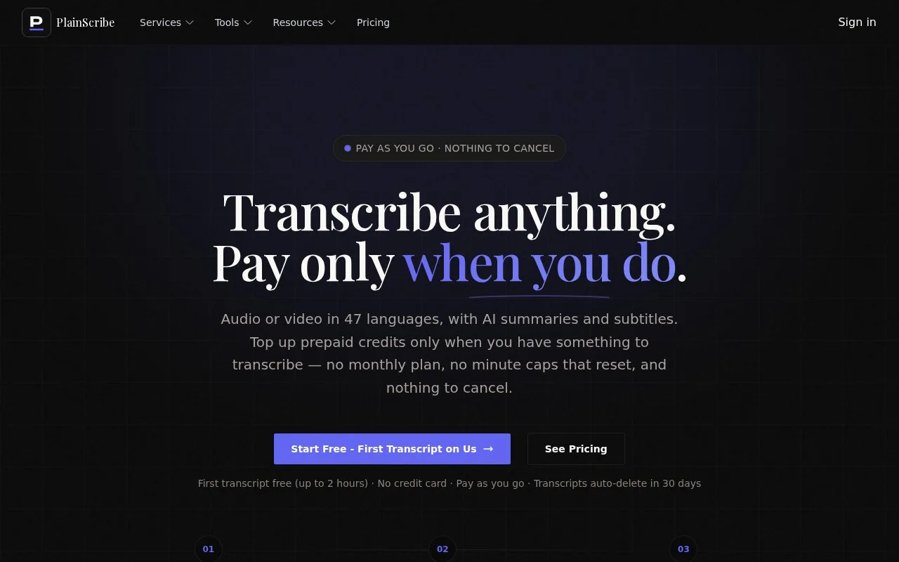 Screenshot of the PlainScribe homepage